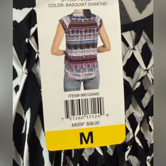 Premise Women Cap Sleeve Mosaic Stripe Diamond Print Neck Black White Medium - Picture 7 of 8